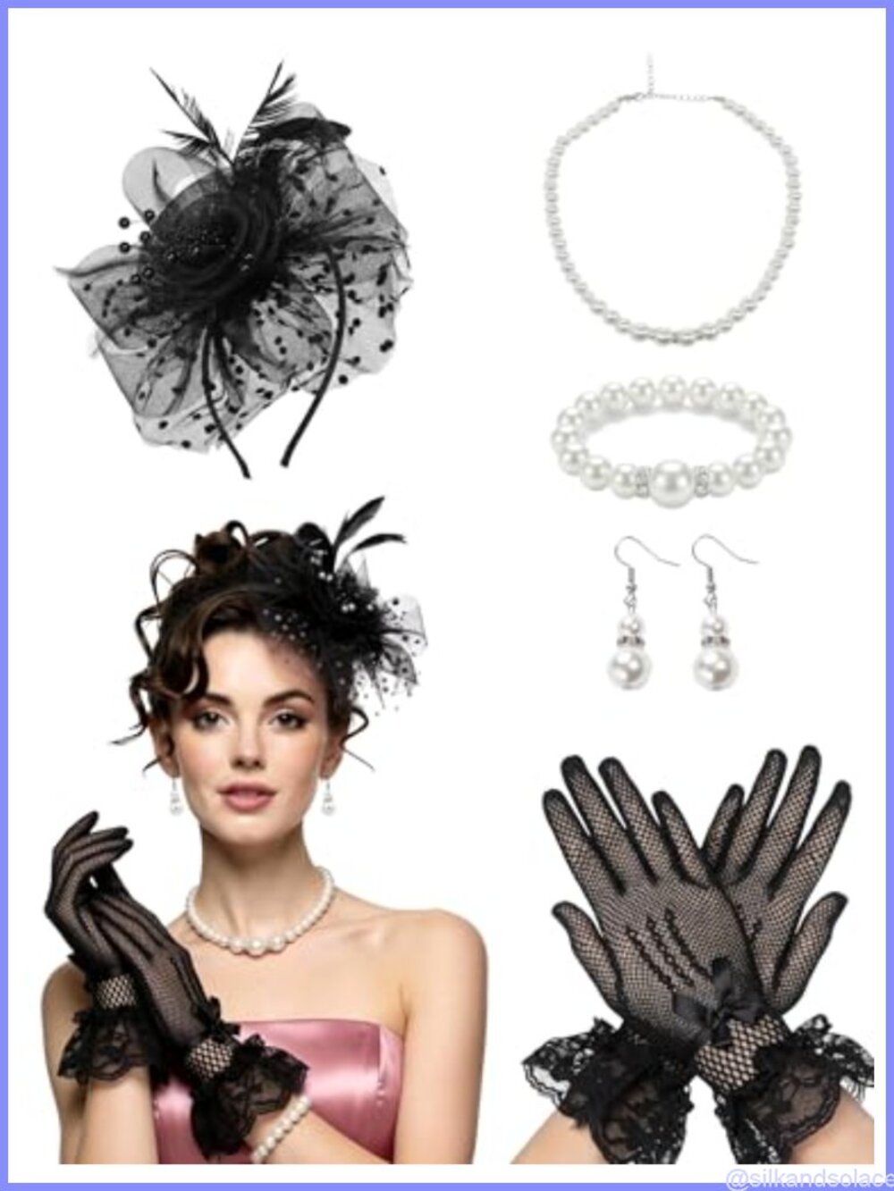 Women's Fascinator Hat Set Lace Gloves Faux Pearl Jewelry Derby Tea Party